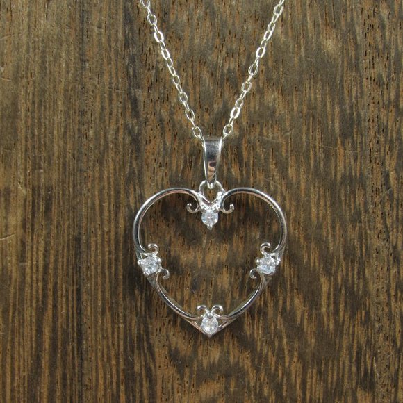 Jewelry - 16" Sterling Silver Cubic Zirconia Fancy Heart Necklace Vintage Minimalist